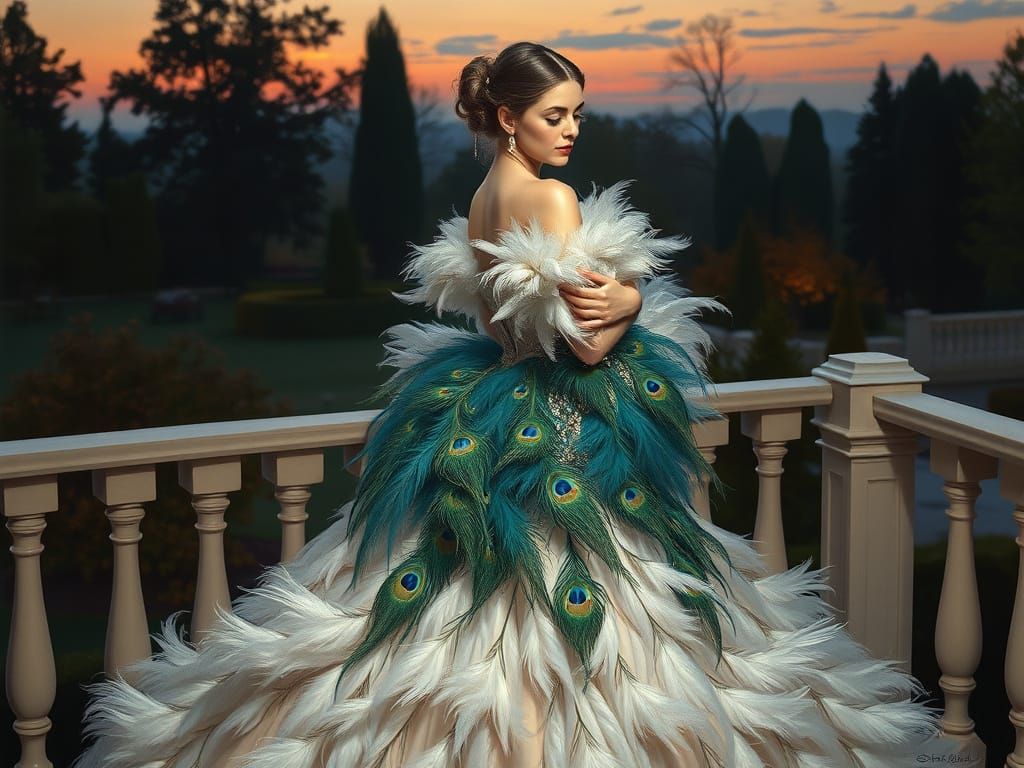 Elegant Woman in Feathered Gown, Sargent-Style Portrait