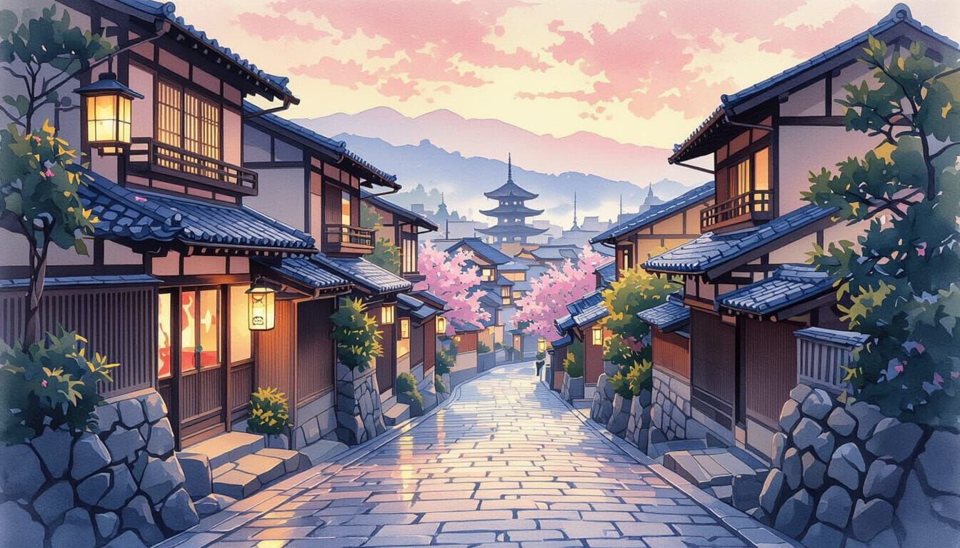 Kyoto Gion at Dawn in Vibrant Watercolor Style