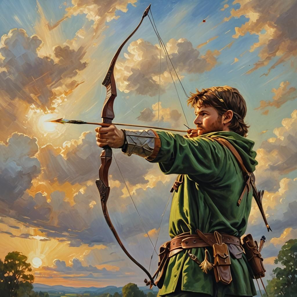Impressionist Robin Hood Fires Arrow in Warm Golden Light