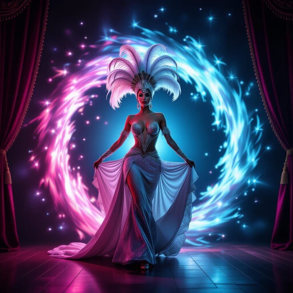 Glamorous Showgirl Stepping Through Light Portal