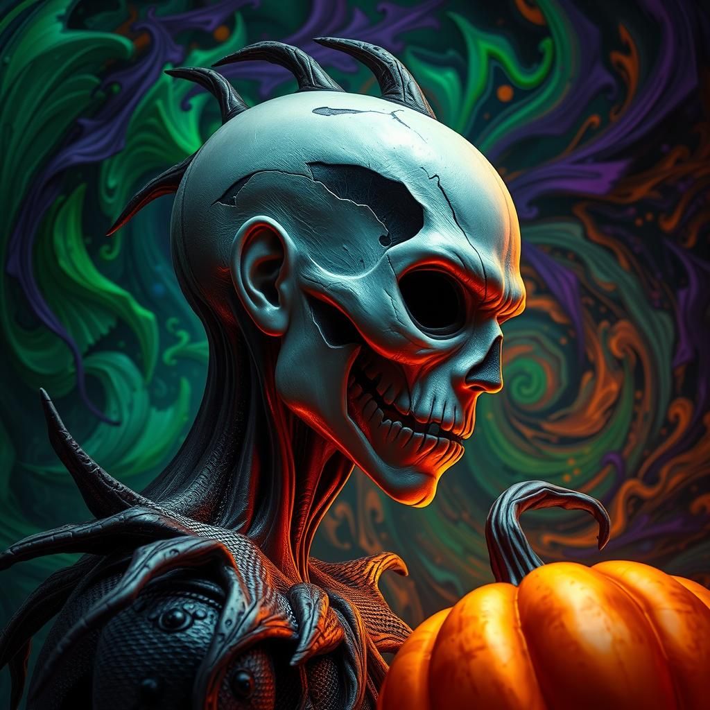 Hyperrealistic Halloween Figure in Swirling Patterns of Gree...