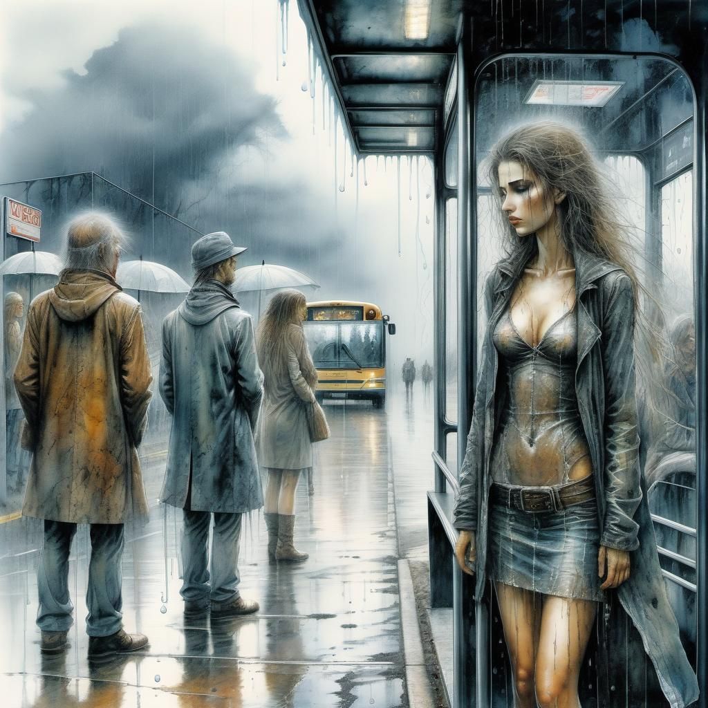 Moodful Commuters in Rainy Surrealism