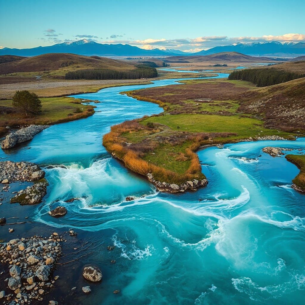 Landscape with Liquid Chrome River in Futuristic Style