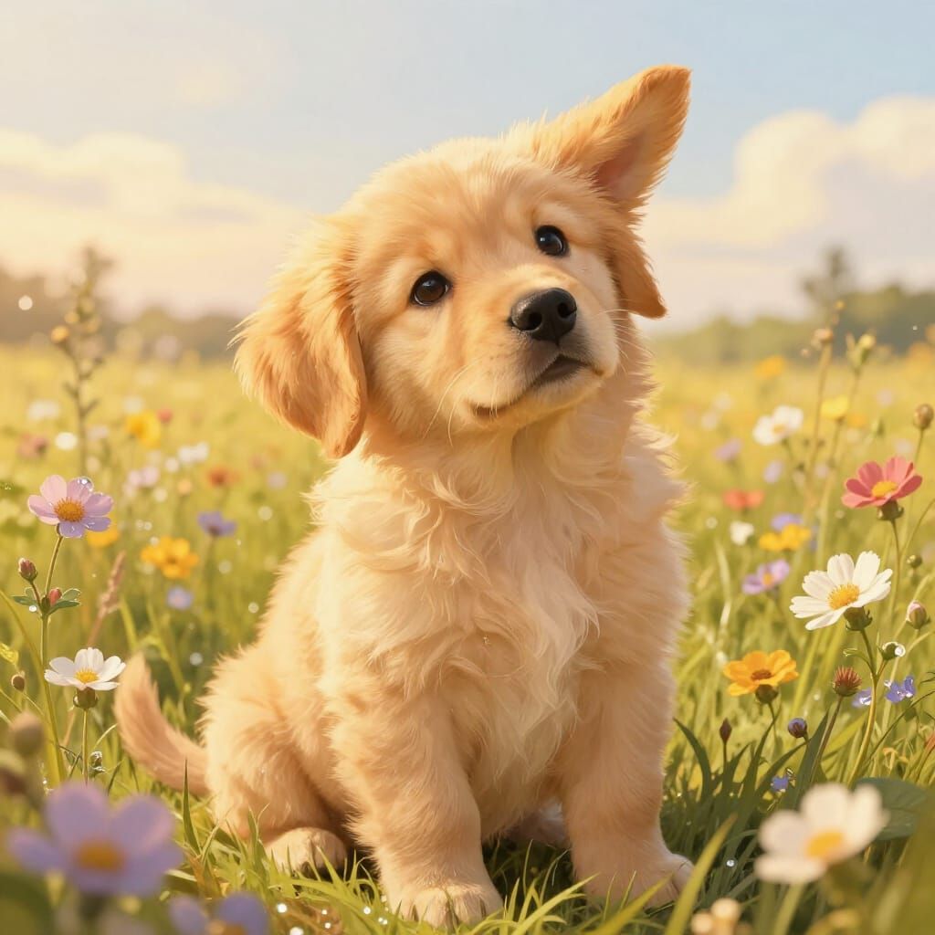 Adorable Golden Retriever Puppy in Wildflower Field