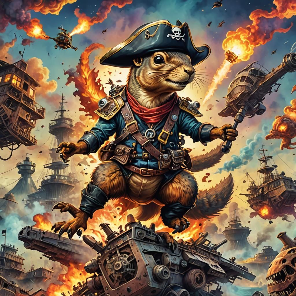 Vibrant Epic Watercolor Squirrel Pirate Riding T-Rex in Swir...
