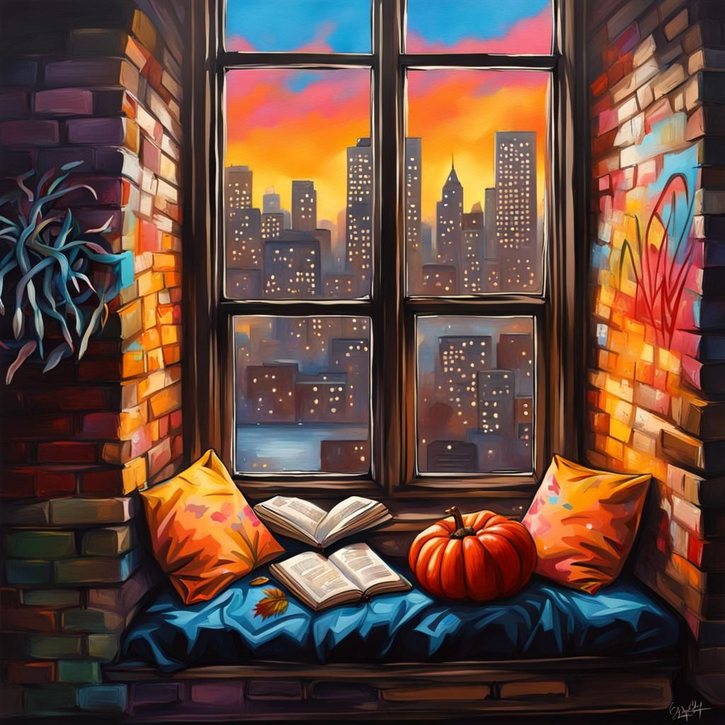 Autumn Evening Reading Nook in Vibrant Graffiti Style