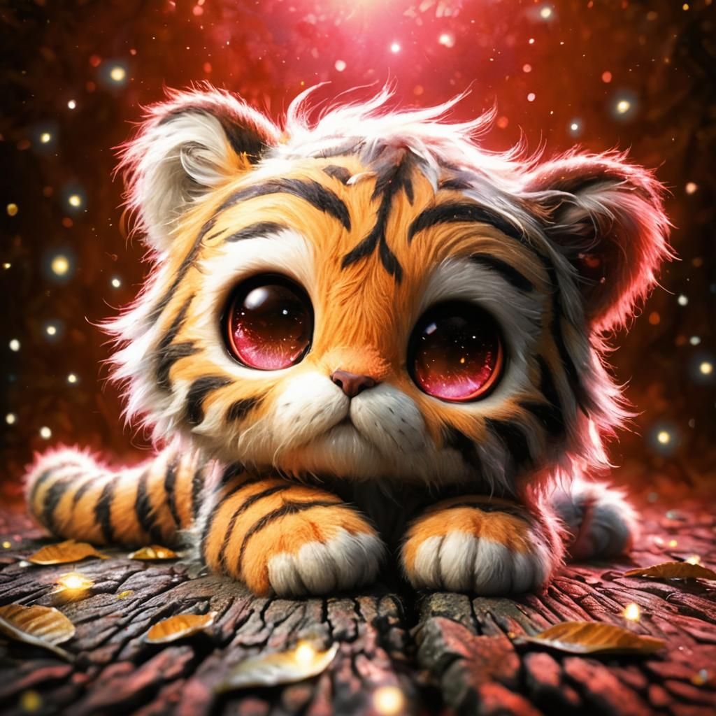 Enchanted Chibi Tiger in a Whimsical Nighttime Scene
