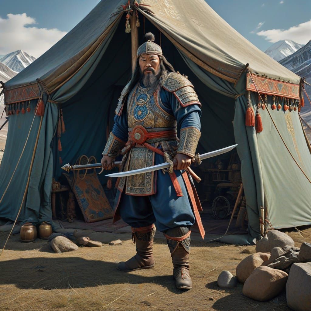 Genghis Khan in Mongolian Mountains, Photorealistic Masterpi...