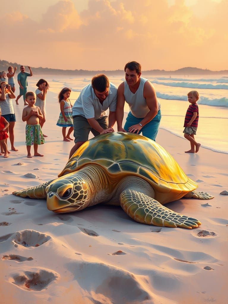 Sea Turtle Rescue on Beach in Plein-Air Style