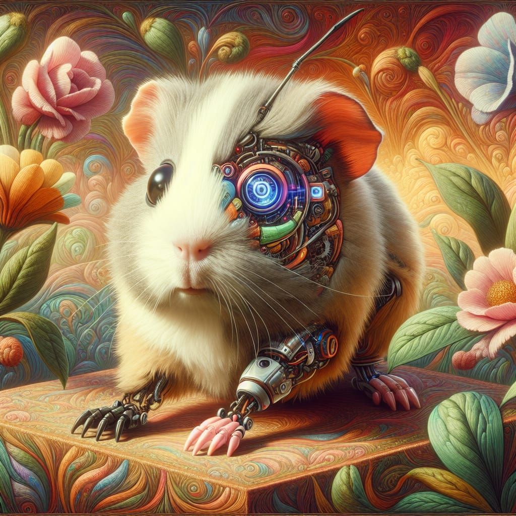 Cyborg Guinea Pig in Whimsical Botanical Dreamscape