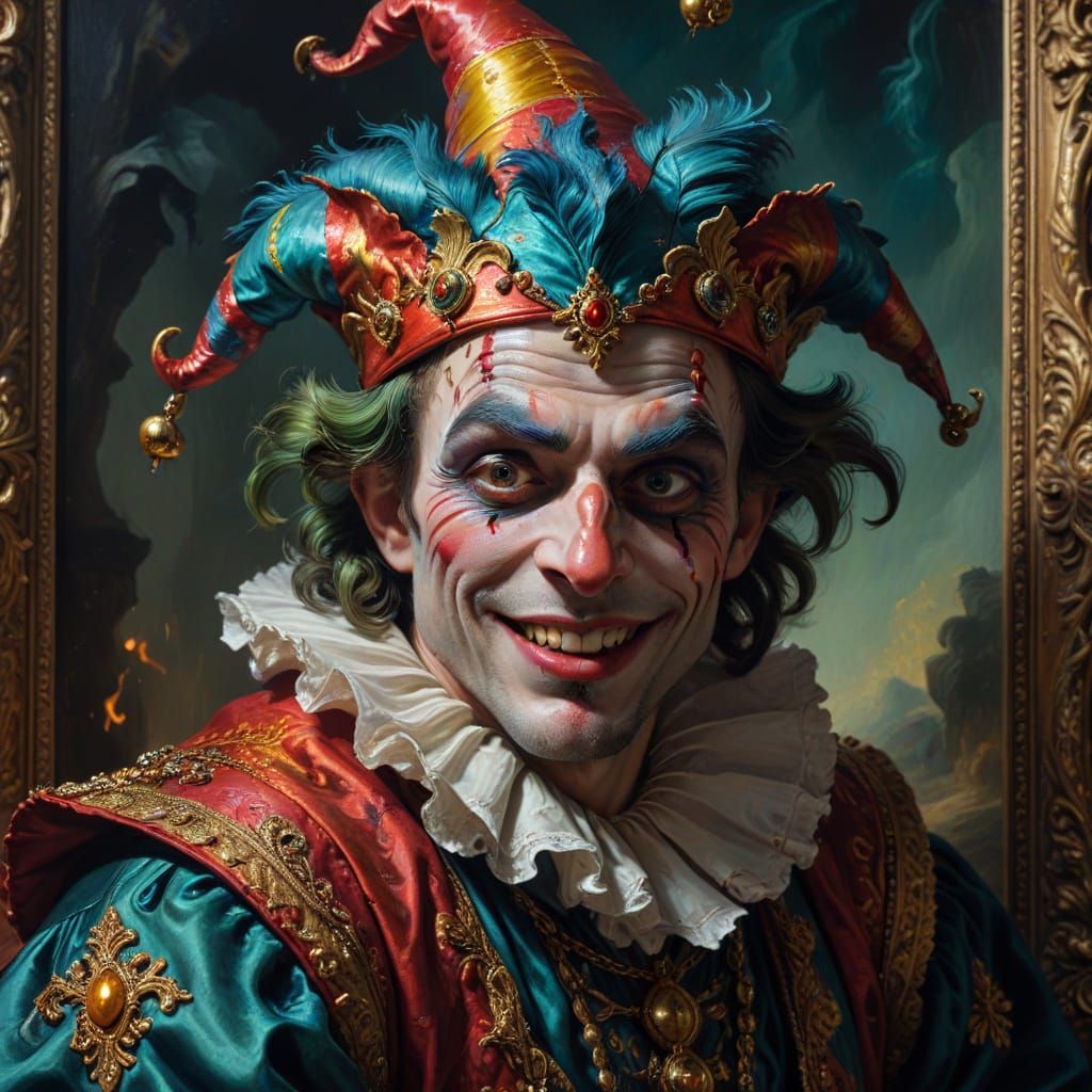 Malicious Jester in Radiumpunk Style Oil Painting