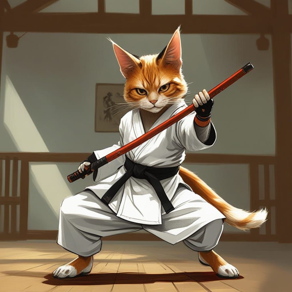 Anthropomorphic Cat Karate Master in Dojo