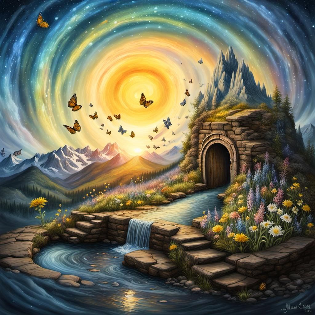 Miniature Fantasy Realm Emerging from a Cosmic Portal