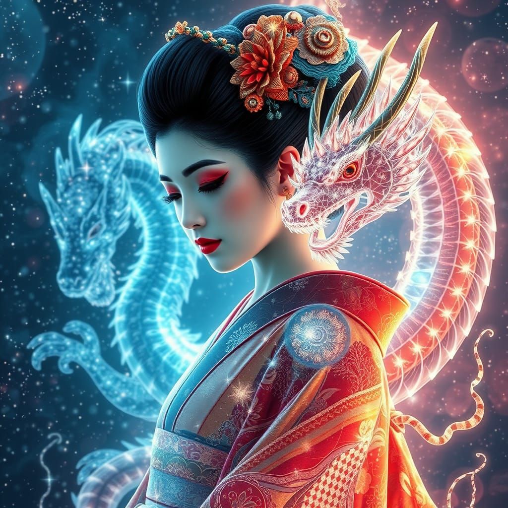 A Celestial Geisha and Dragon in Cosmic Harmony