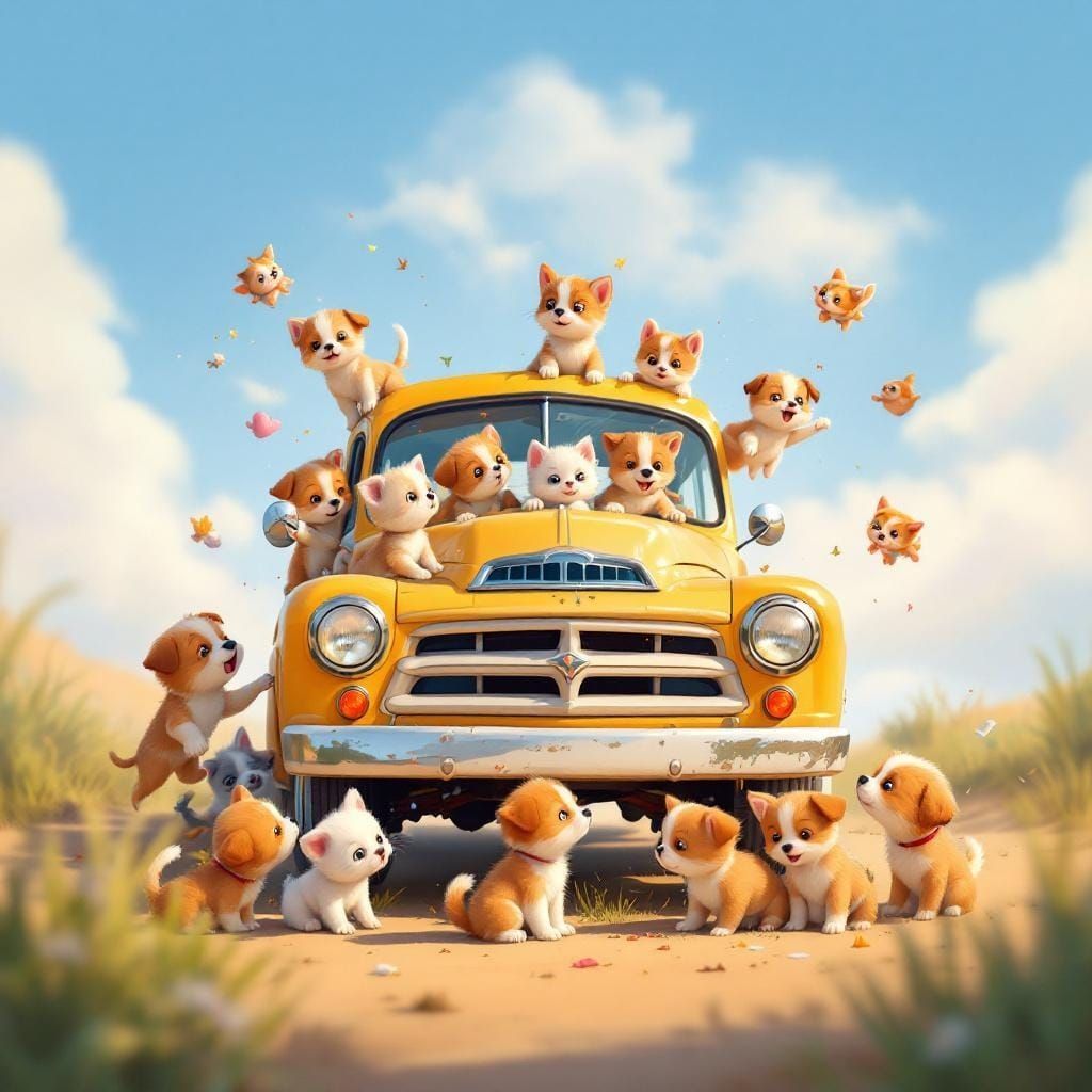 Puppies and Kittens Play Around a Vintage Truck