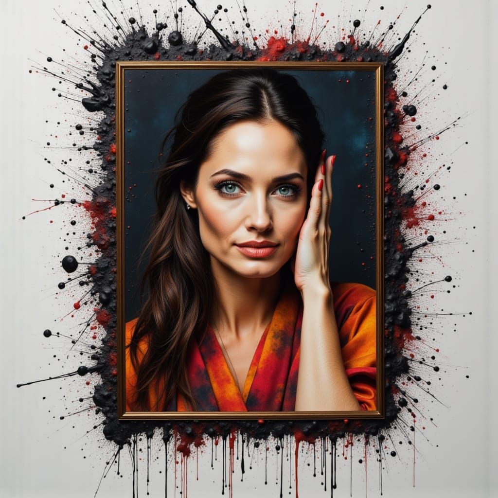 Angelina Jolie Portrait Plaque with Splatter Ink Texture