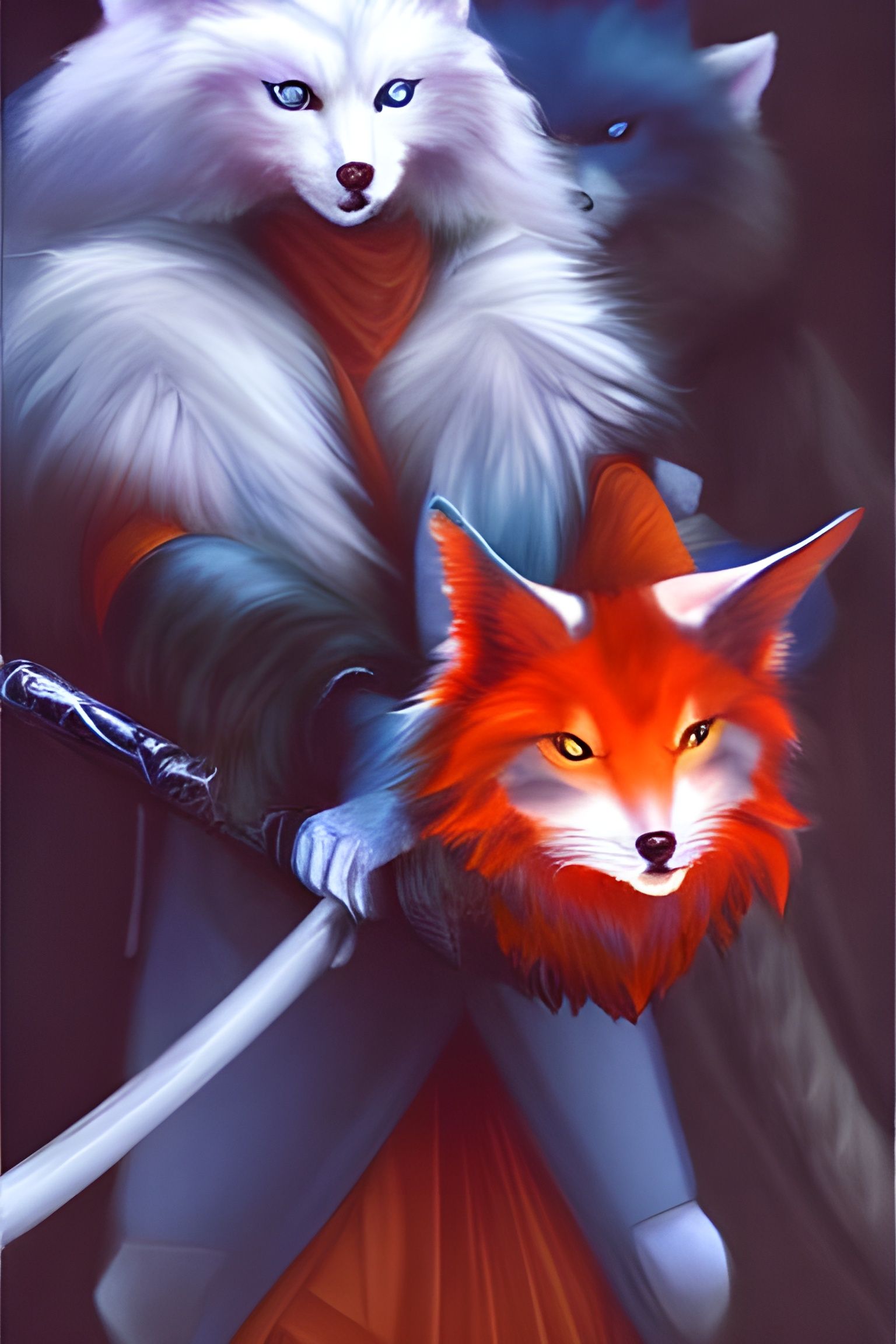 The power of the fox - Detailed Portrait of a cute possessive evil kitsune warrior with fluffy white fur and big glowing...