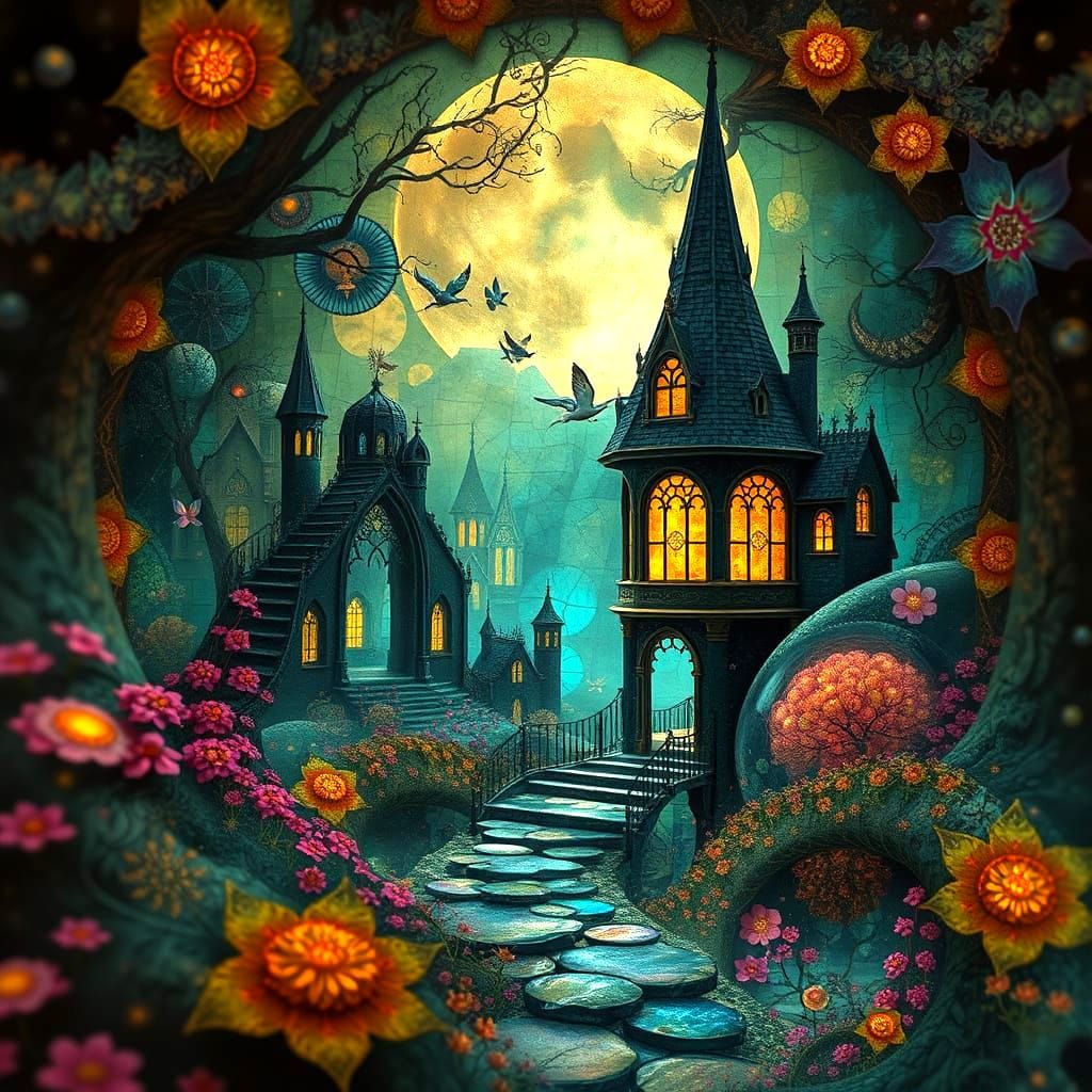 Fractal Gothic Fairy Tale Landscape with Art Nouveau Eleganc...