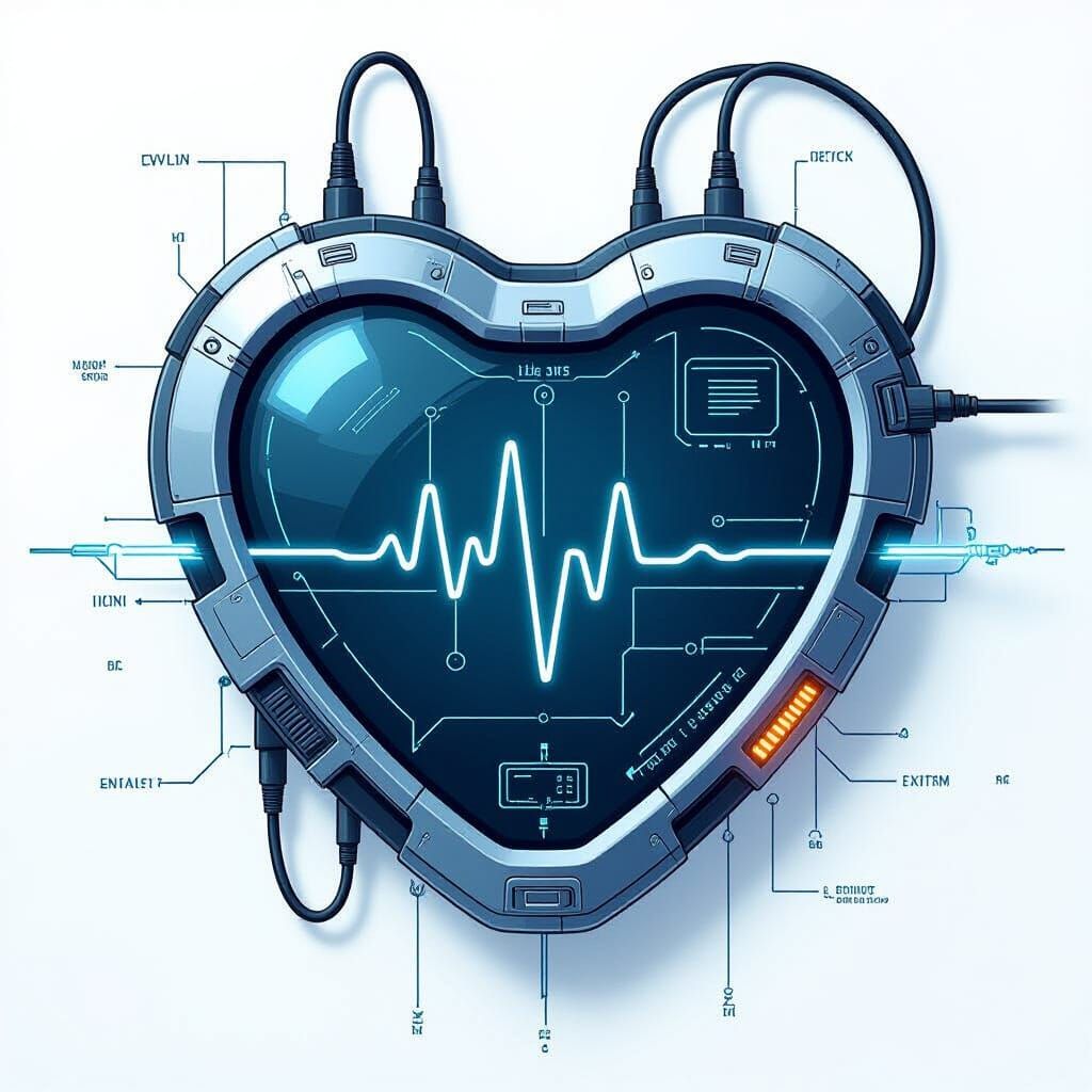 Futuristic Heart Monitor Blueprint in Technical Illustration...