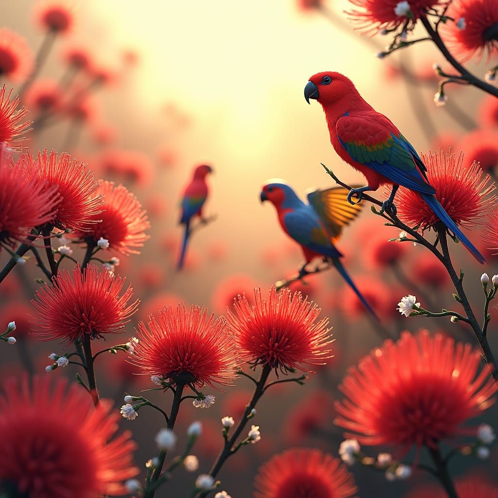 Vibrant Australian Landscapes Featuring Rosella Parrots and...