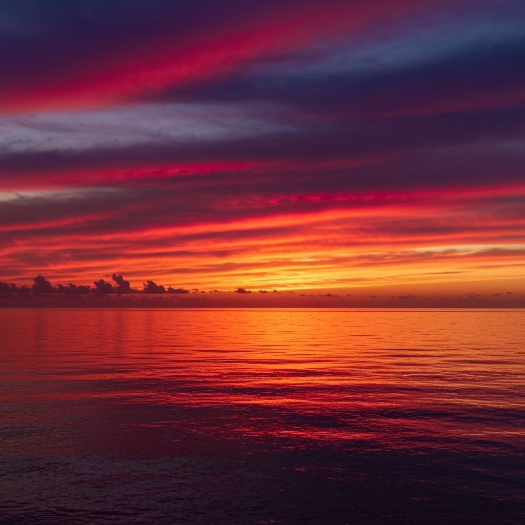 Vibrant Red Sunset Over Calm Ocean in Luminous Style