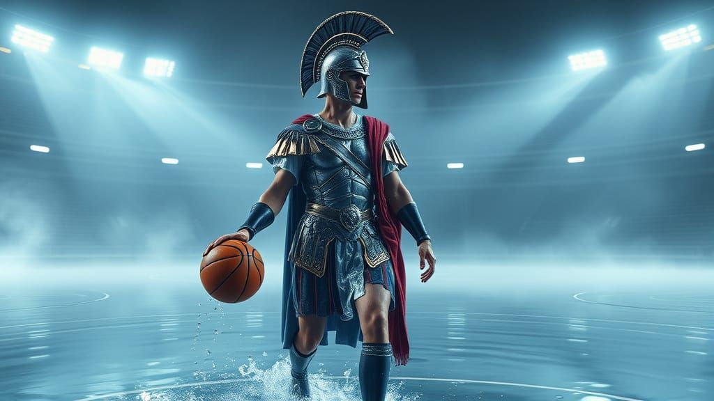 Hyper-Realistic Roman Warrior Dominates the Misty Basketball...