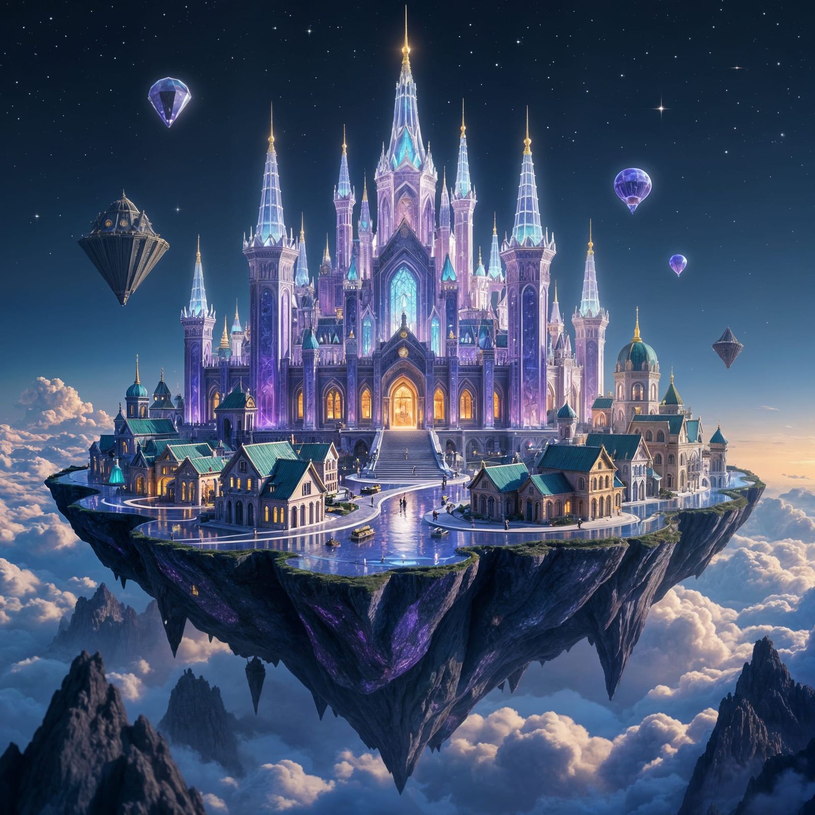 Cinematic Gemstone Cityscape on Floating Obsidian Island