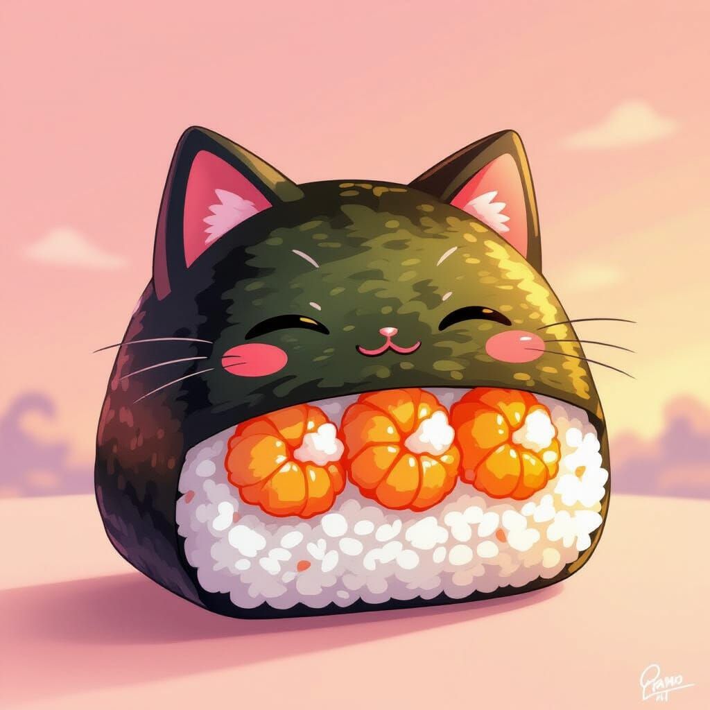 Cute Cat Onigiri with Shrimp Tempura Filling