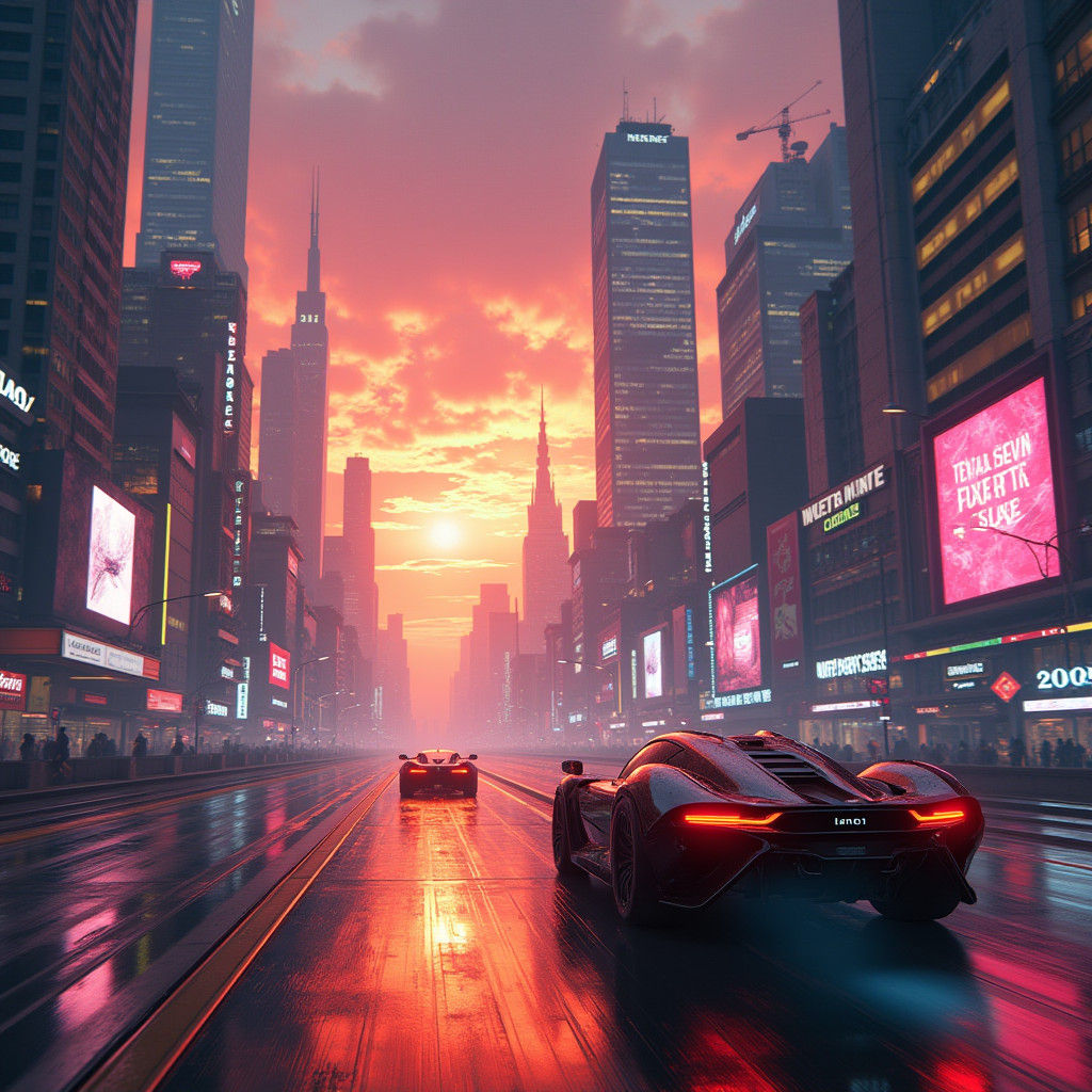 Surreal Futuristic Cityscape at Sunset, Inspired by Concept...