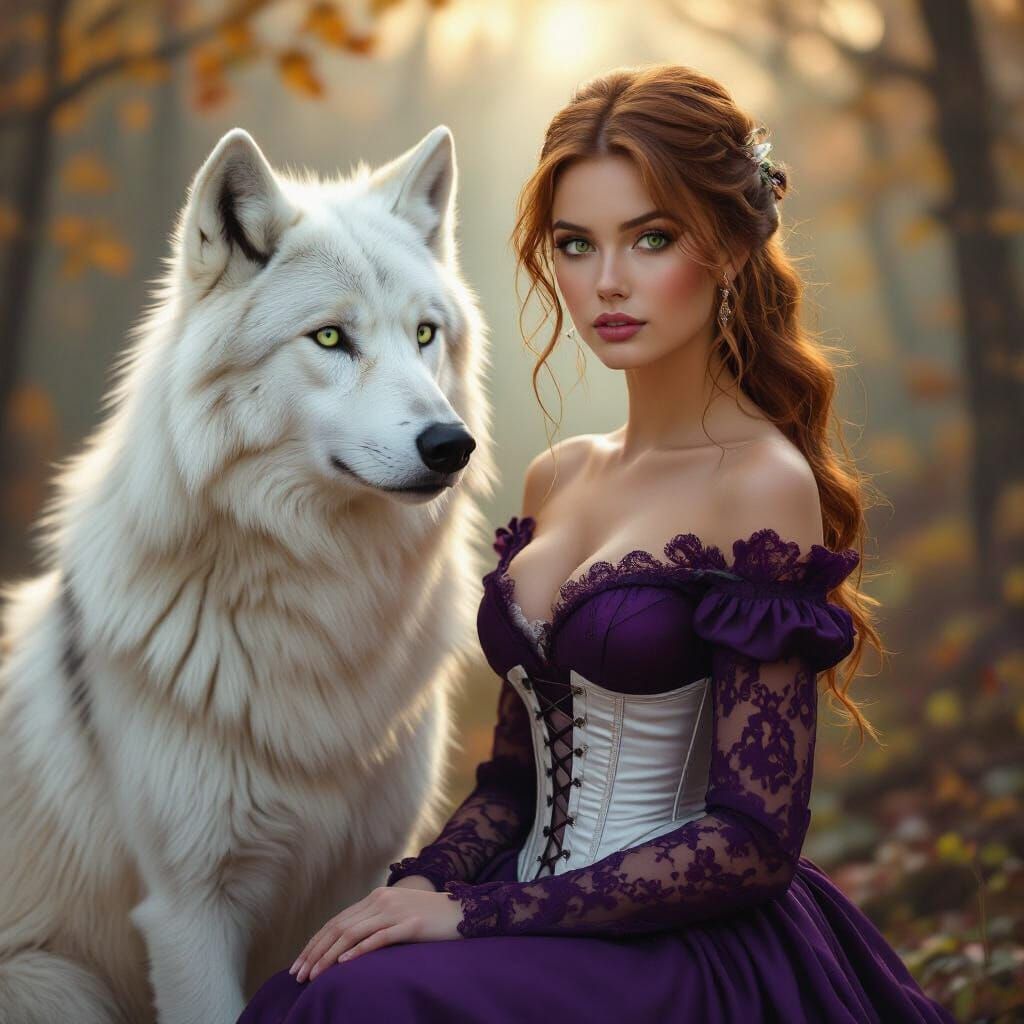Forest Guardian: Woman and Wolf in Autumn Fog
