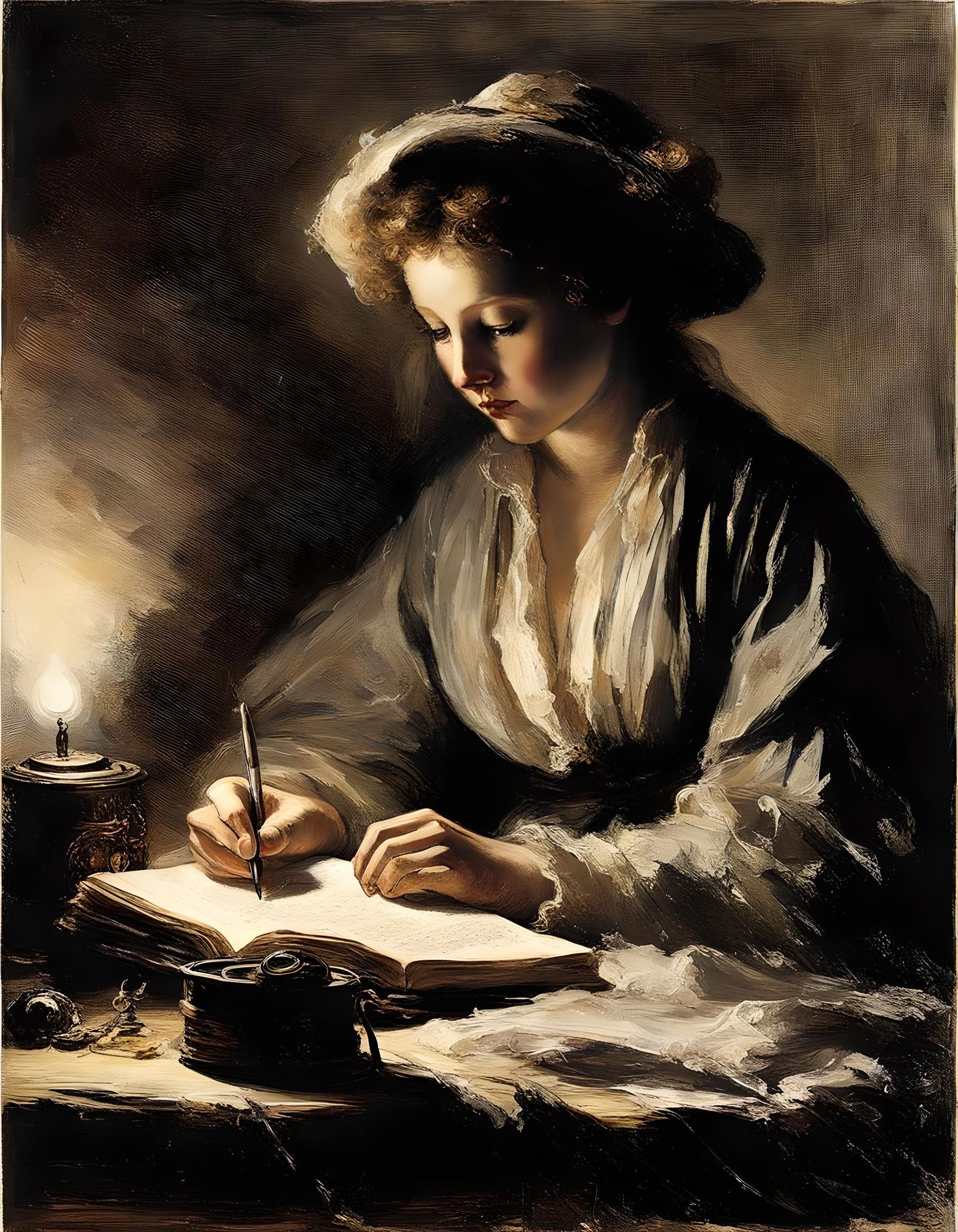 Woman Writing by Lamplight in Tenebrism