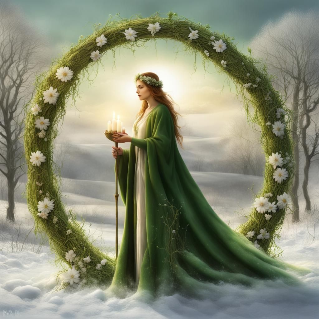 Celtic Goddess of Healing in a Vibrant Green Robe Stands in...