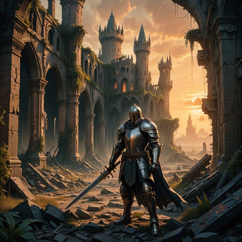 Knight Guarding Ruined City in Post-Apocalyptic Fantasy Art