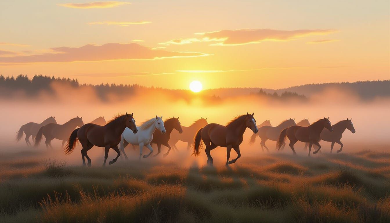 Wild Horses Galloping in Misty Sunrise Oil Painting