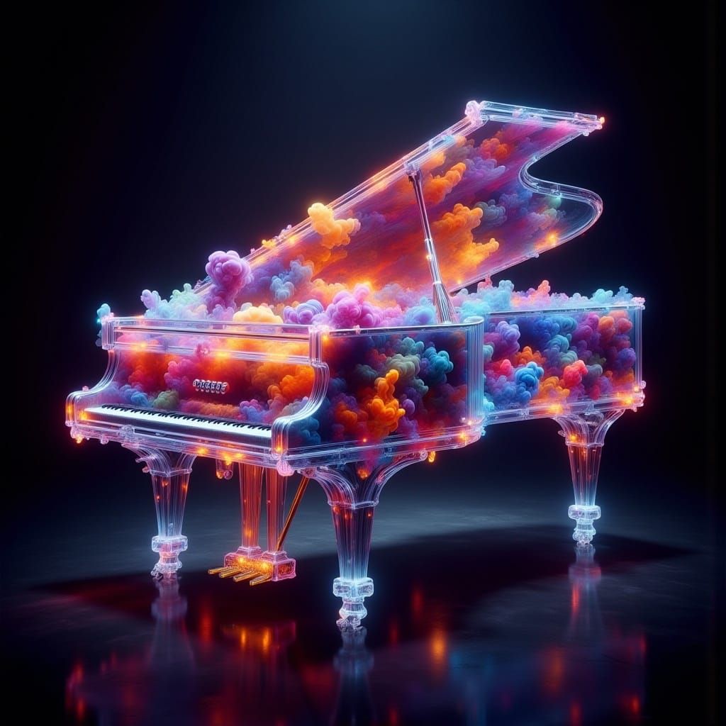 Neon Fish Swimming Inside Glass Piano in Cinematic Style