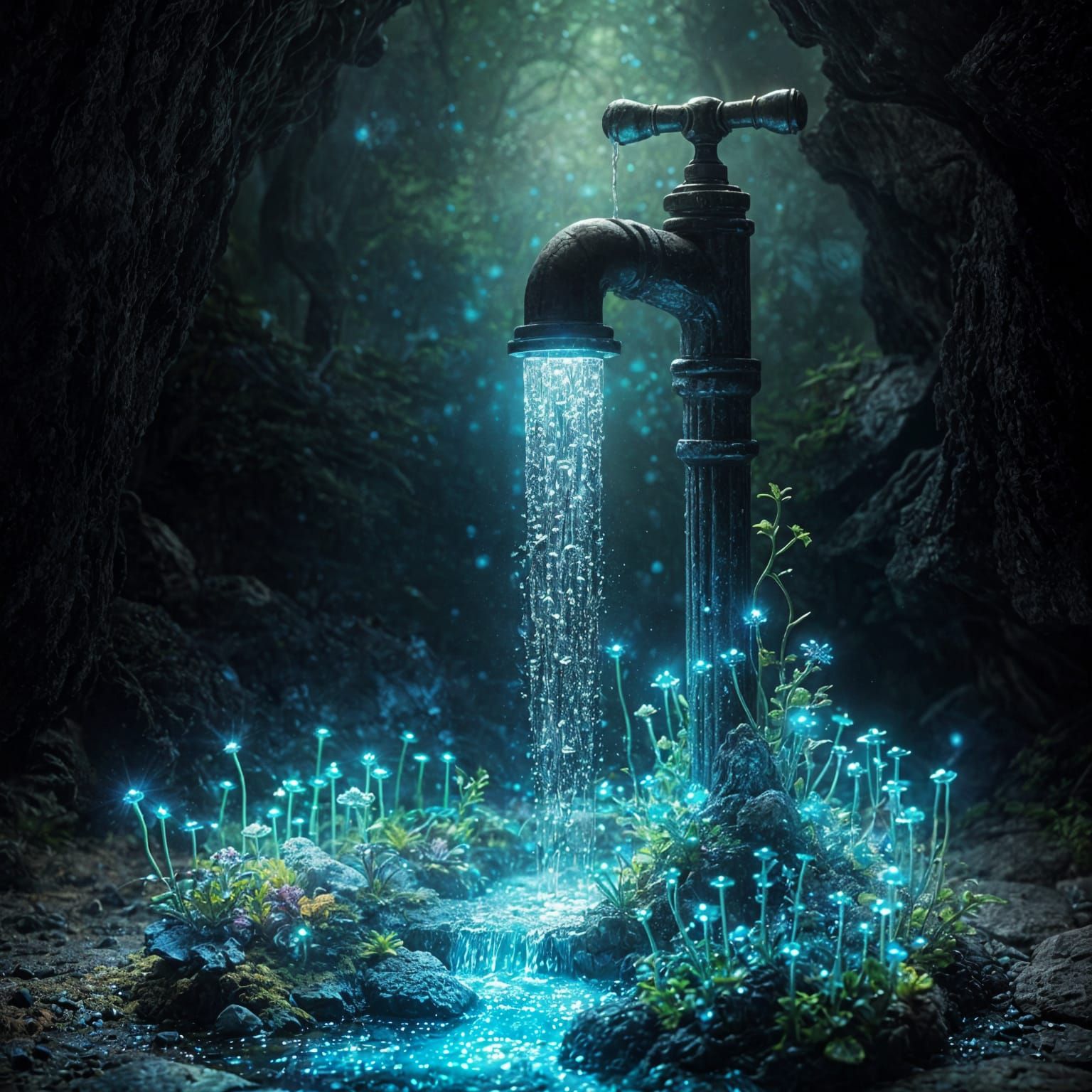 Moonlit Spigot Magic: Enchanted Bioluminescent Garden
