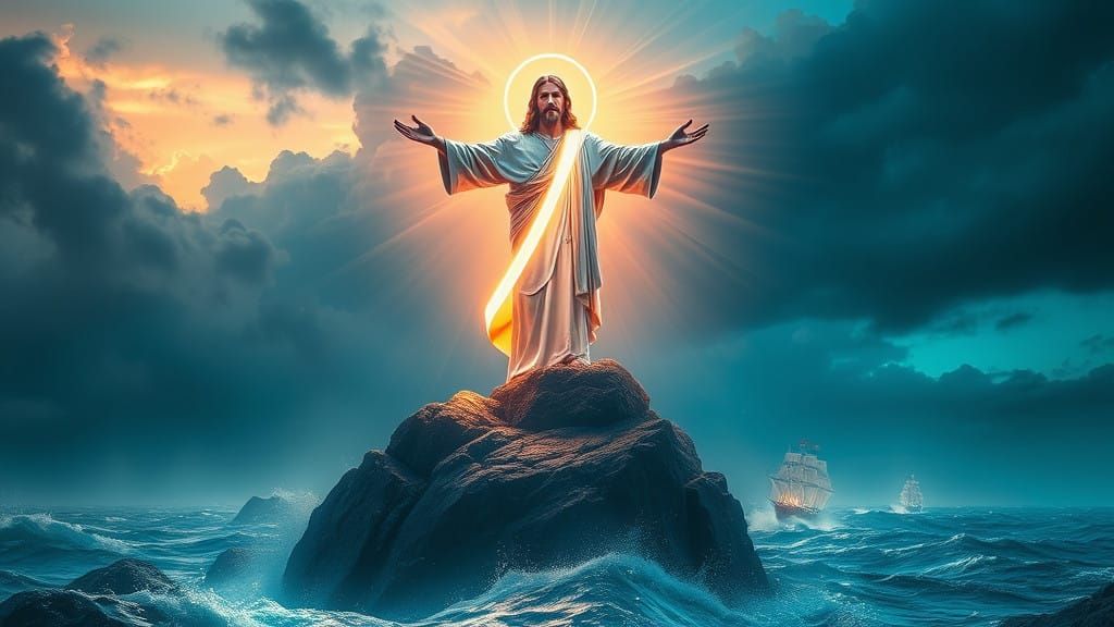 Divine Beacon Illuminates Turbulent Seascape in Cyberpunk St...