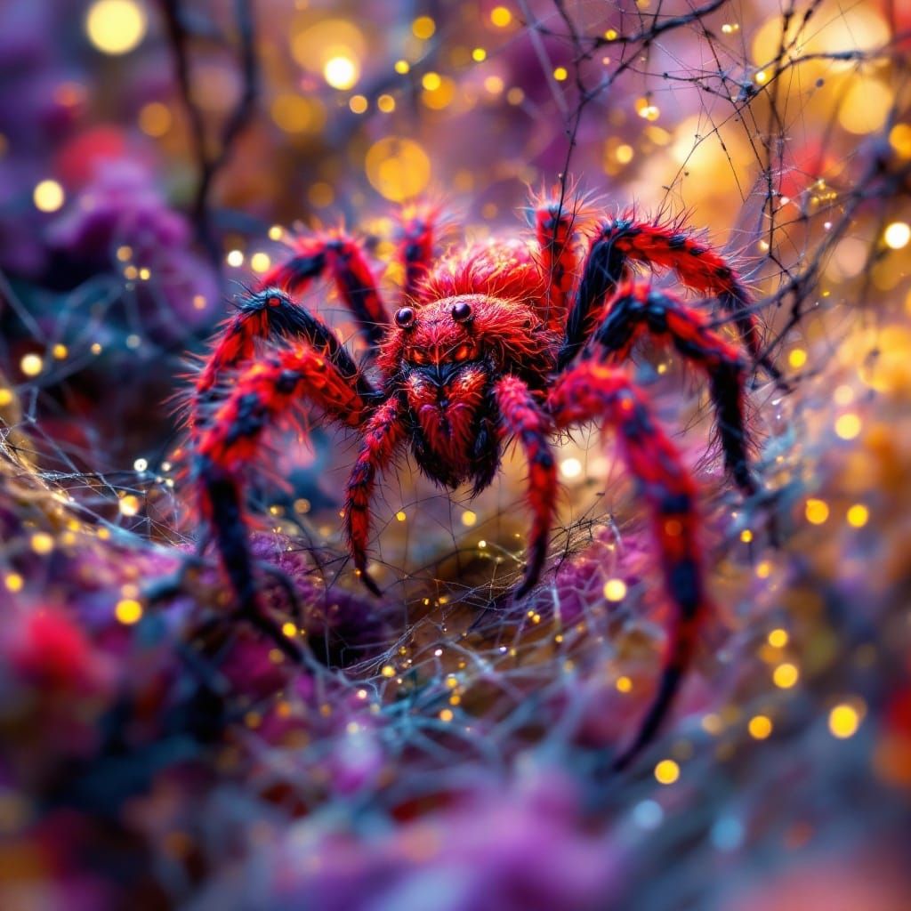 Surreal Red Devil in Ethereal Webs, Felted Wool Art in Hyper...