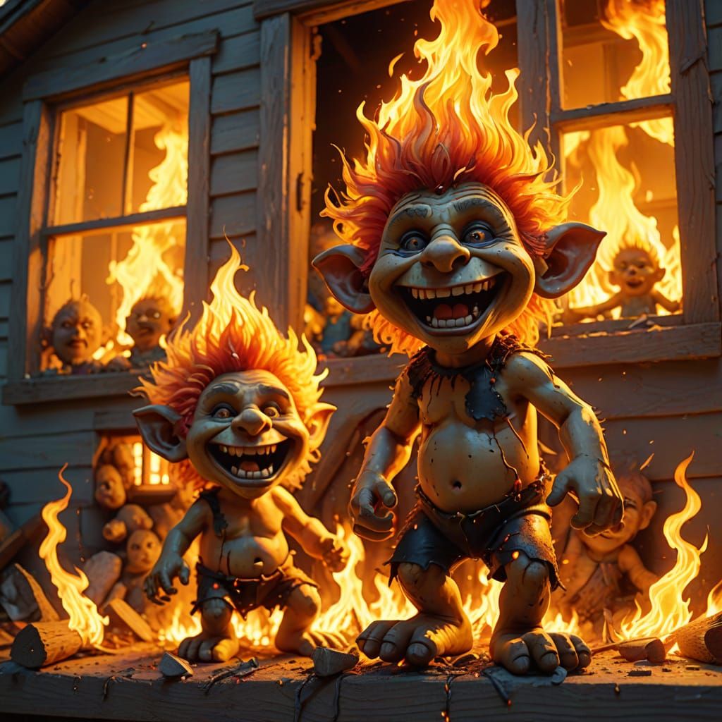 Surreal Troll Dolls Burn Down a House