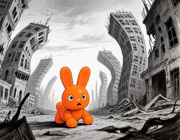 Creepy Toy Bunny in Surreal Post-Apocalyptic City