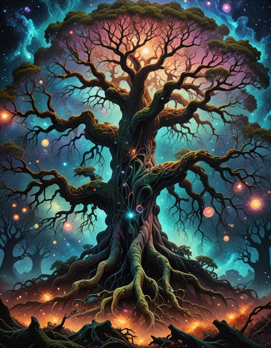 Cosmic Tree with Nebula Roots and Crystal Fruits