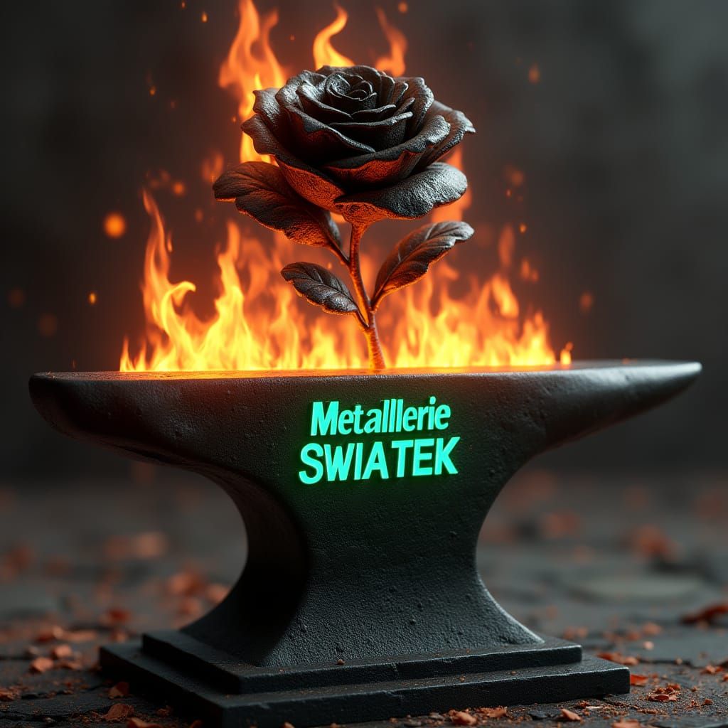 Surreal Black Iron Rose Burns on Enchanted Anvil in Neon Gre...