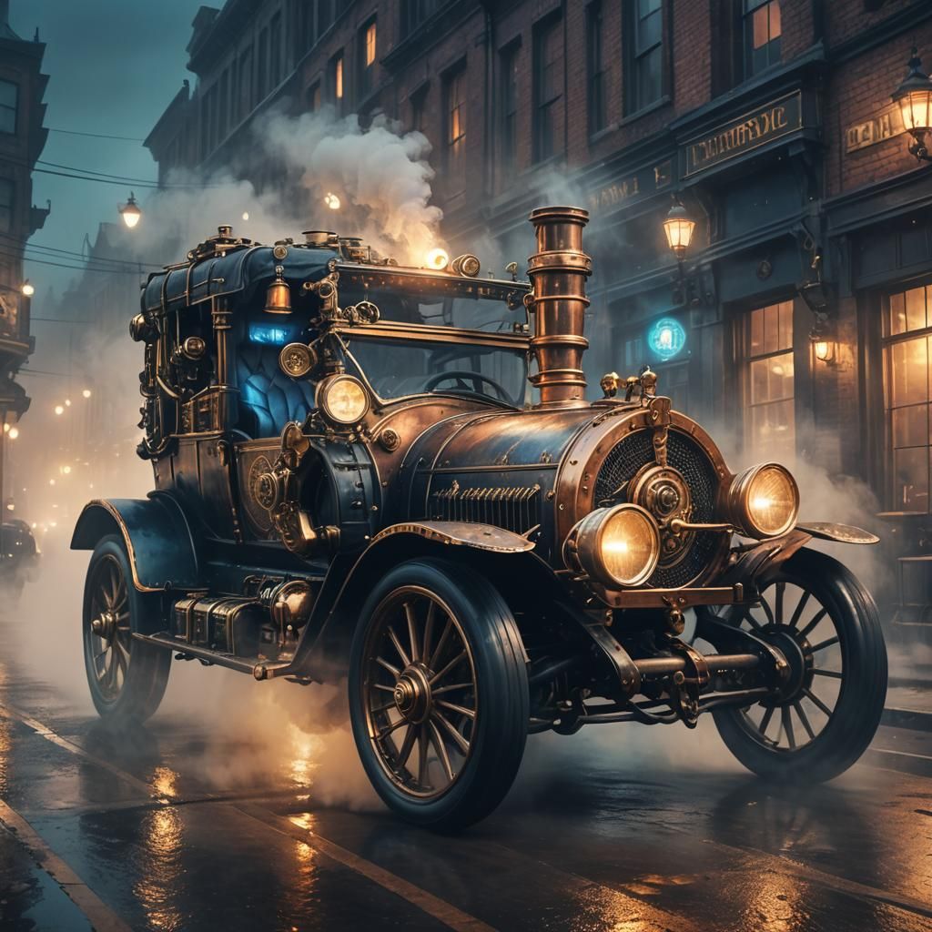 Steampunk Speedster Racing Through Foggy City Streets at Nig...