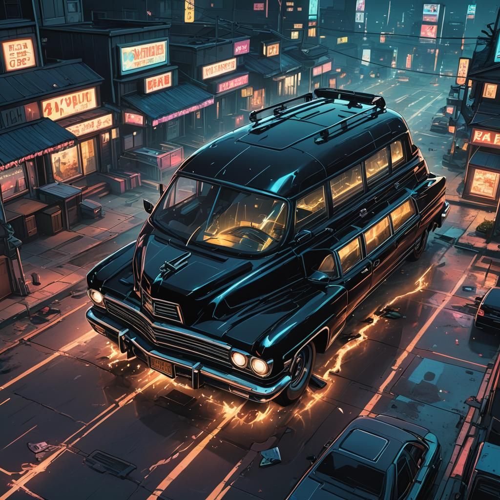 Cyberpunk Funeral Hearse Crashes into Nuketown in Neon-Lit A...