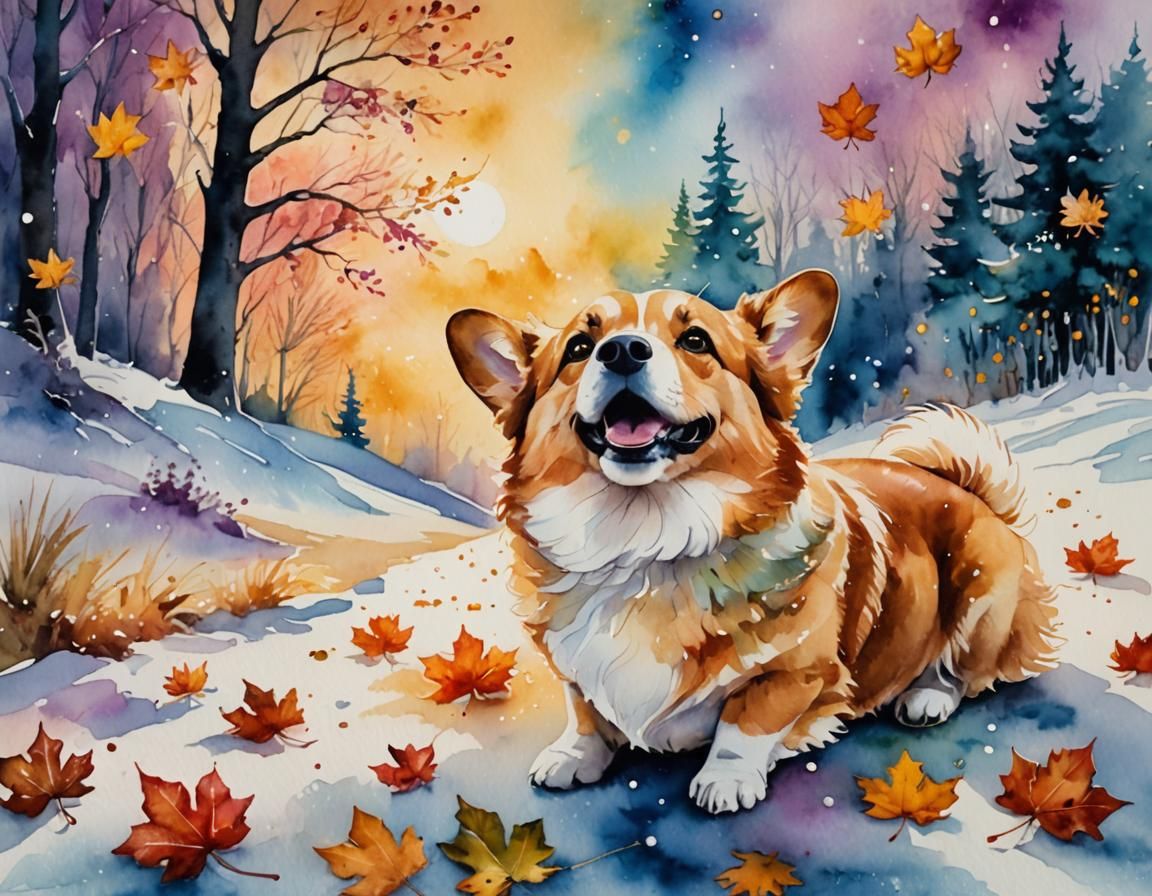 Whimsical Winter Wonderland with Corgi