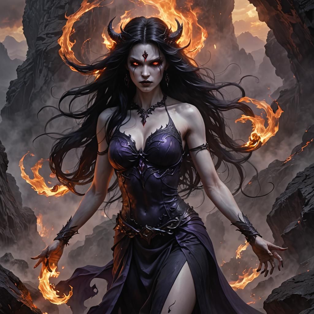 Ethereal Female Demon in Dark Fantasy Landscape