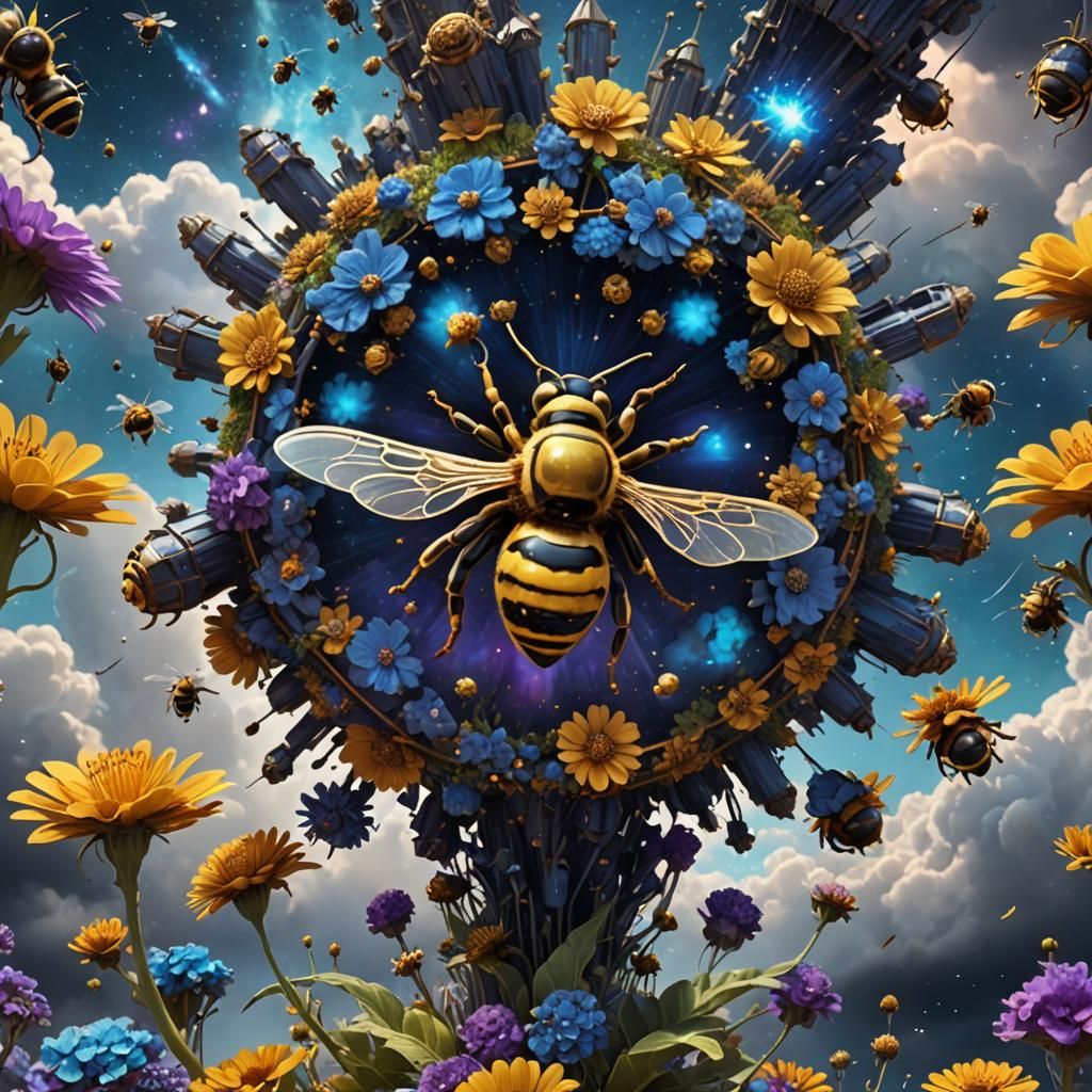 Golden Blue Bee Poses on a Flower Containing a Galaxy with a...
