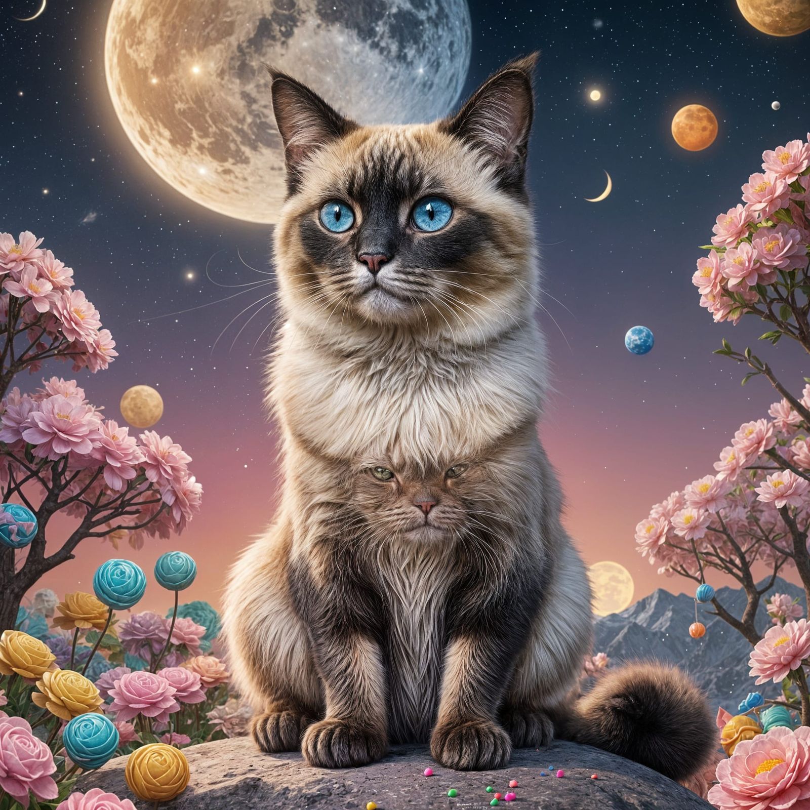 Whimsical Calico Cat Gazing at the Moon in Candy Art