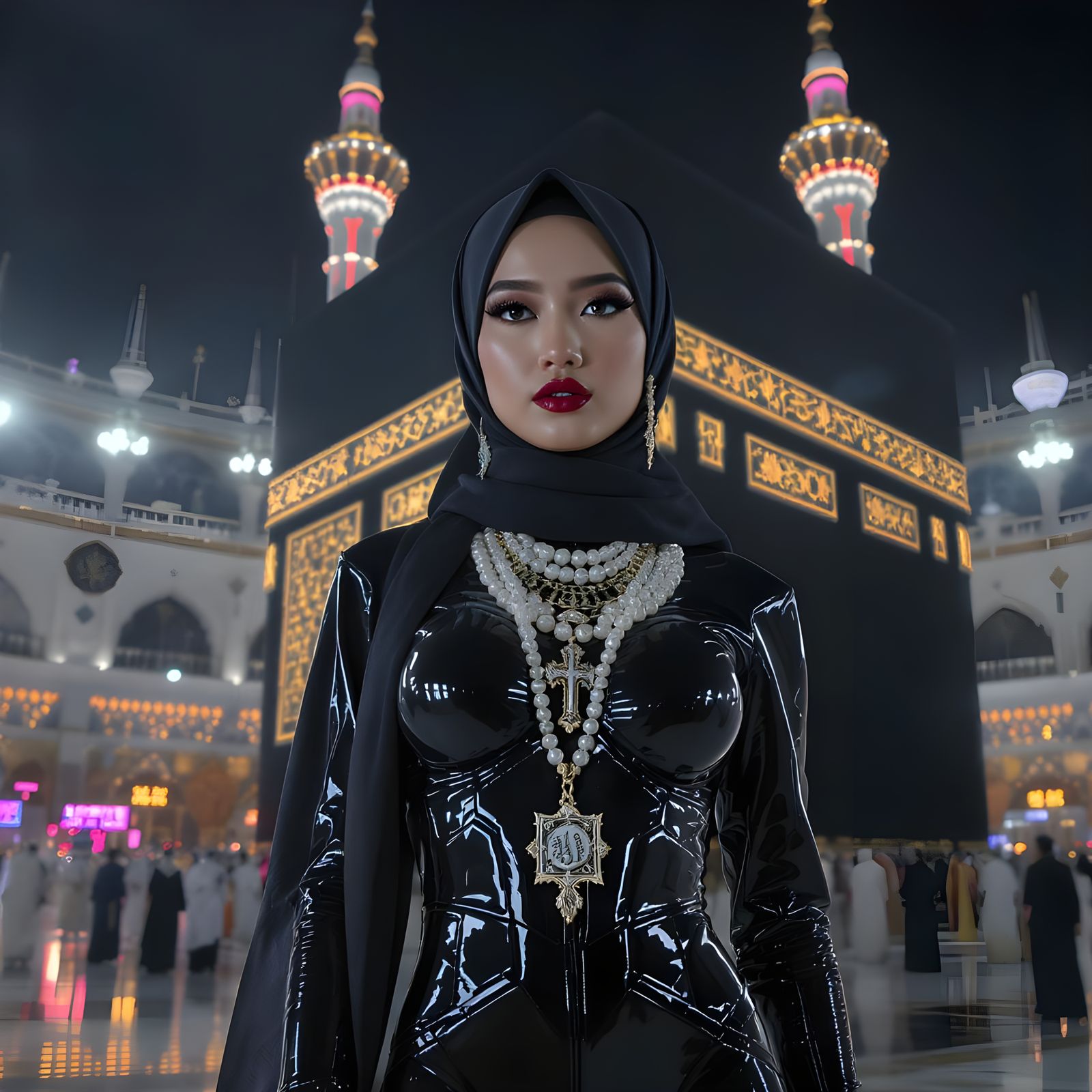 Woman in Hijab with Pearl Jewelry at Kaaba