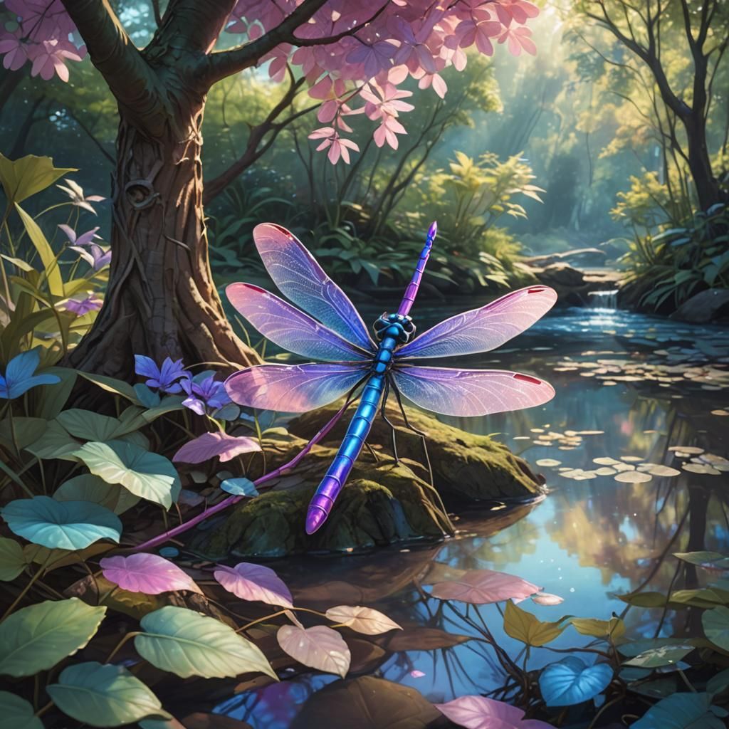 Ethereal Fantasy Scene with Dragonfly and Pixie